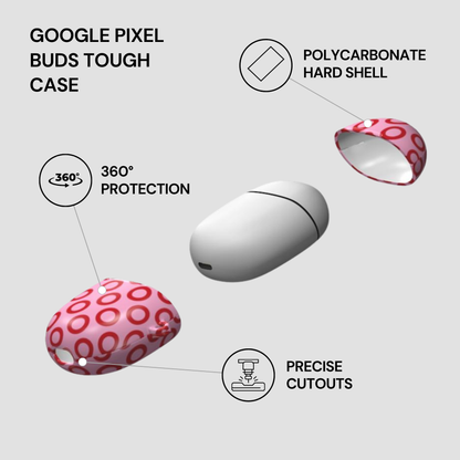 Google Pixel Buds Tough Case with features highlighted on a white background