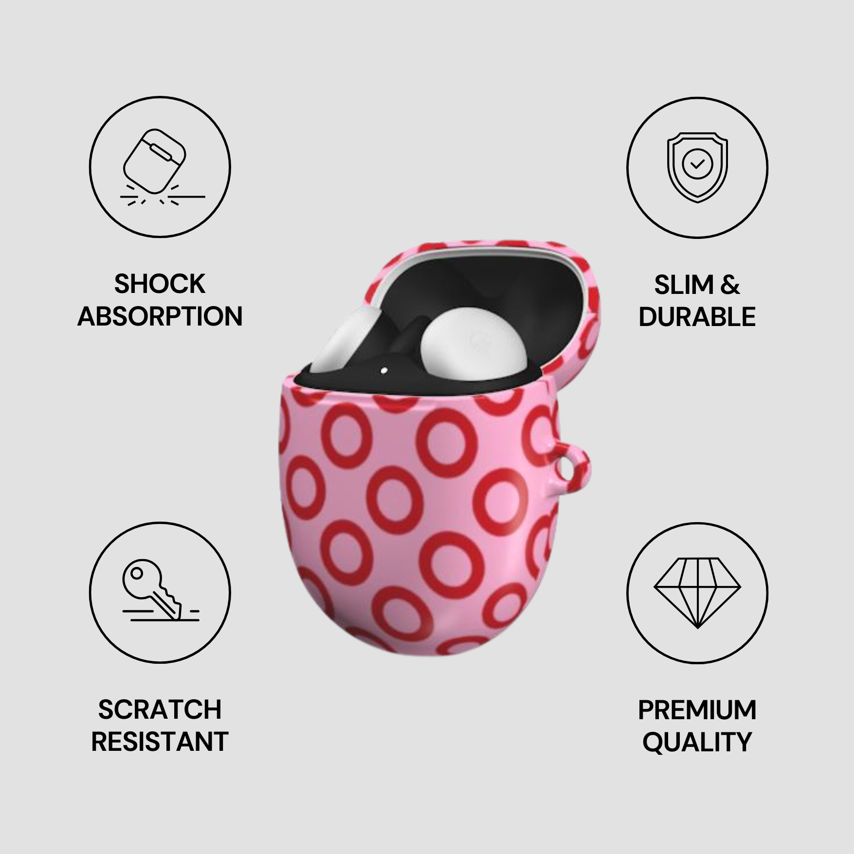 Pink polka dot case with white sphere inside, featuring icons and text on a light gray background.