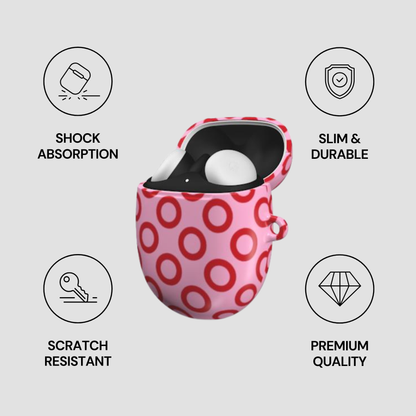 Pink polka dot case with white sphere inside, featuring icons and text on a light gray background.