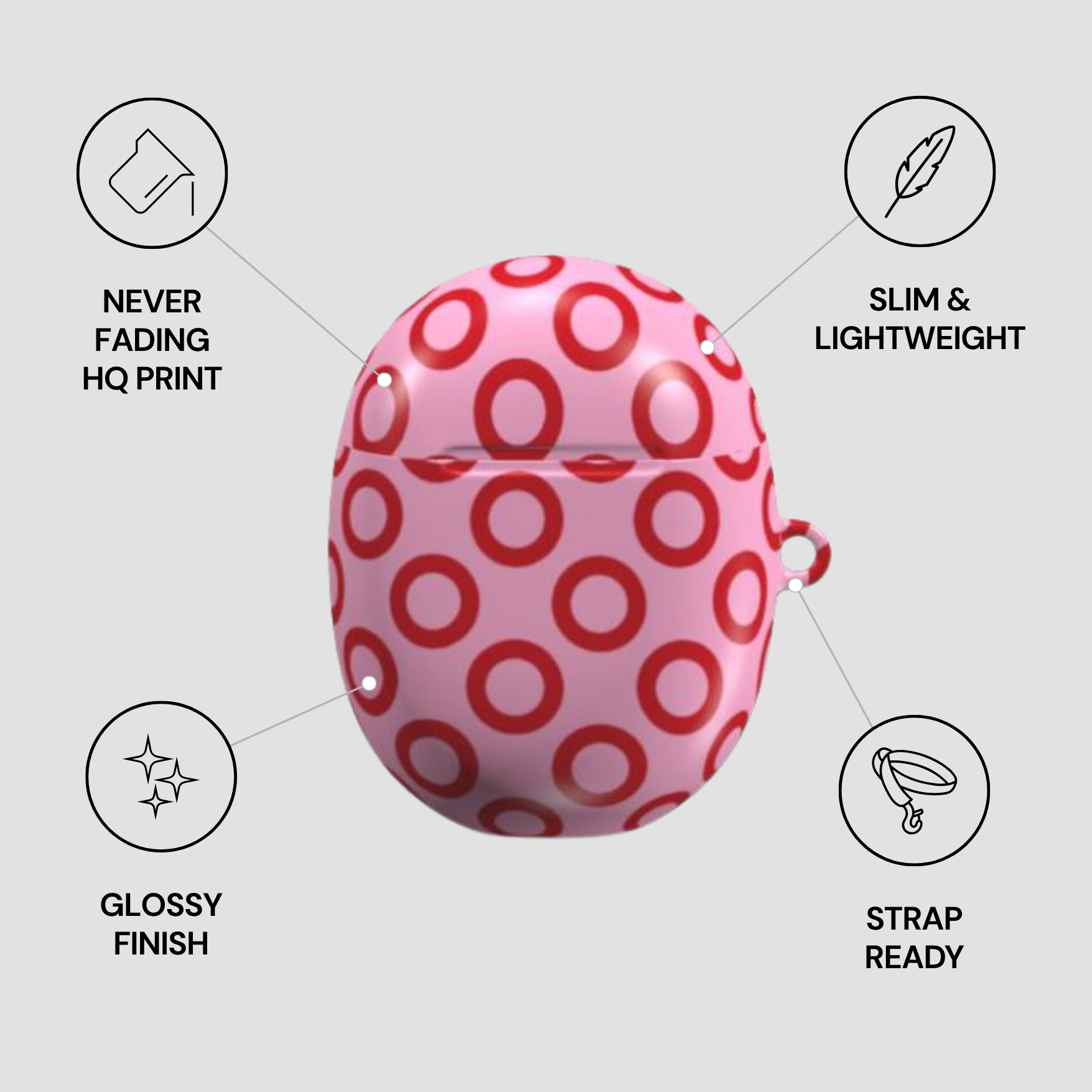 Pink case with red polka dots on a gray background with feature icons.