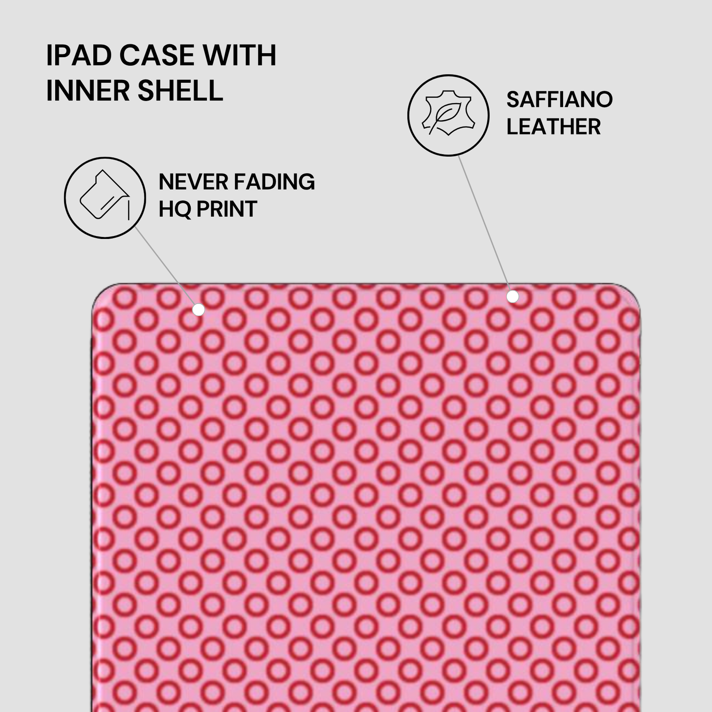 Pink polka dot iPad case with text highlighting features on a gray background