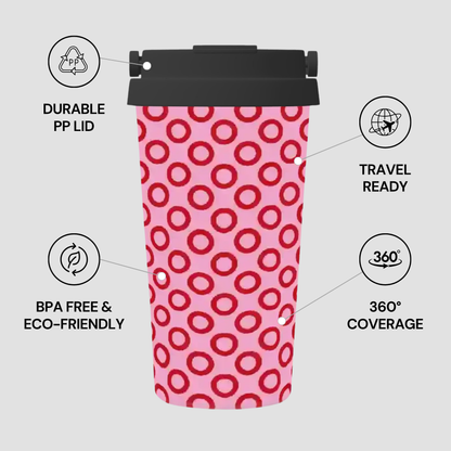 Pink patterned travel mug with black lid on a light gray background, featuring icons and text about product features.