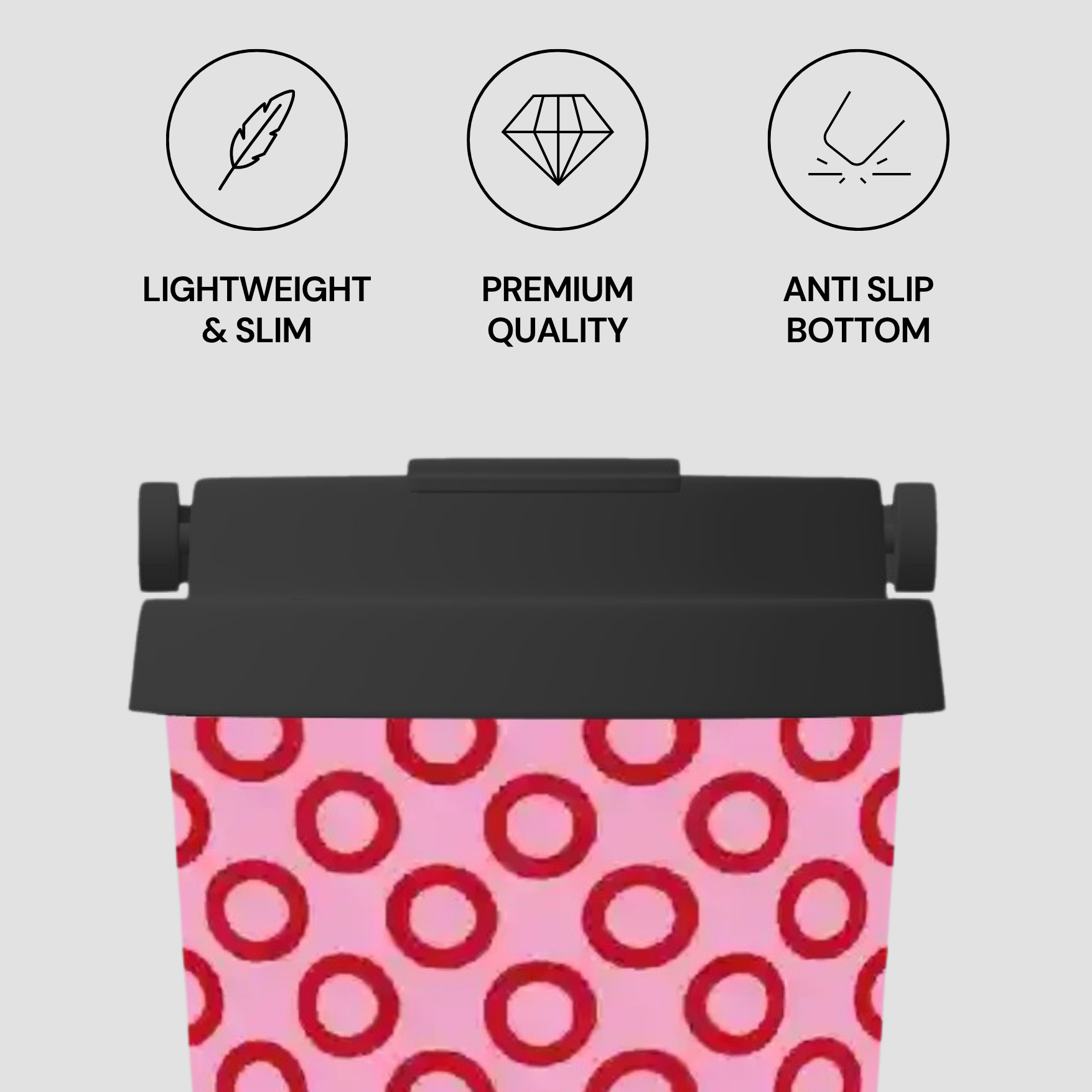 Pink container with black lid featuring icons and text on a light gray background