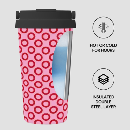 Pink travel mug with red circular pattern and black lid on a white background