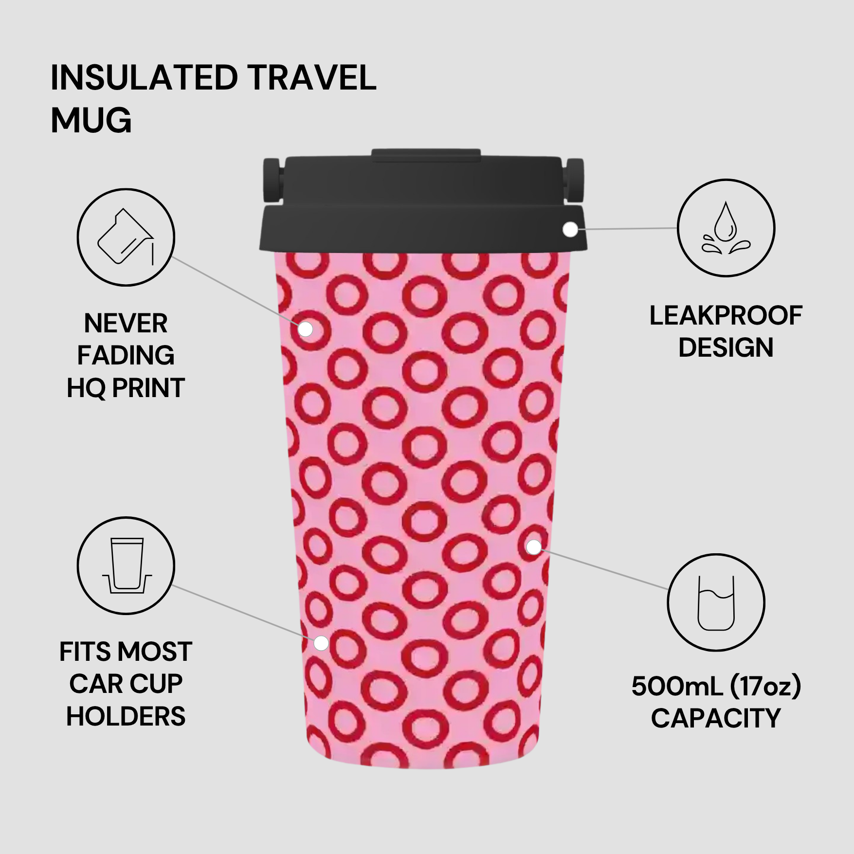 Pink insulated travel mug with red circular pattern on a gray background, featuring text about product features.