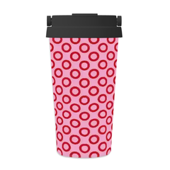 Pink tumbler with red circular pattern and black lid on a white background