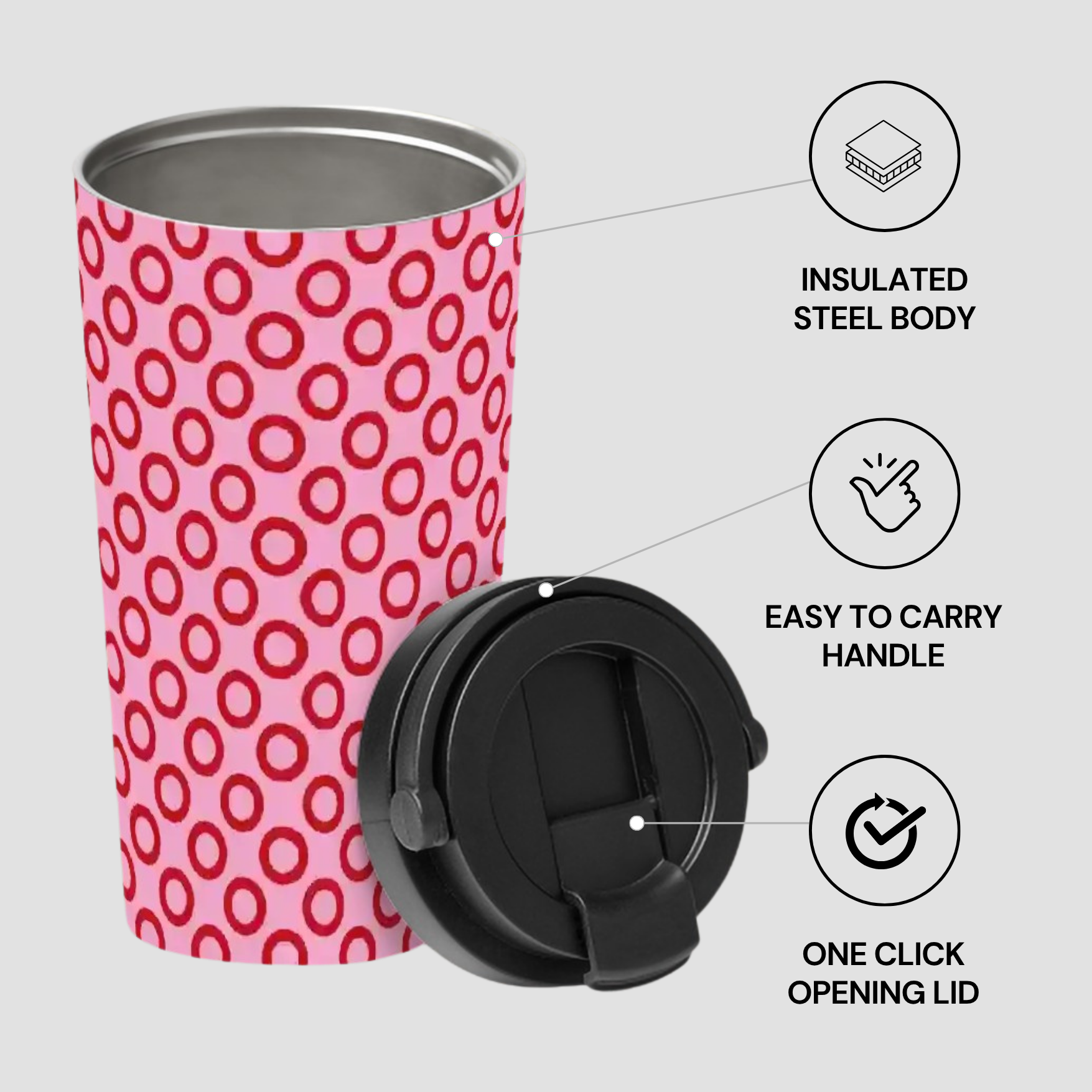 Pink insulated steel tumbler with black lid on a white background