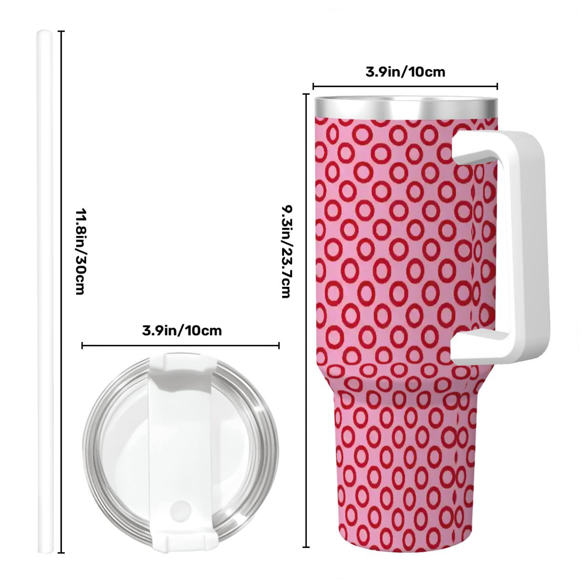 Pink tumbler with white handle and measurements on a white background