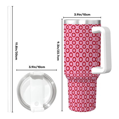 Pink tumbler with white handle and measurements on a white background