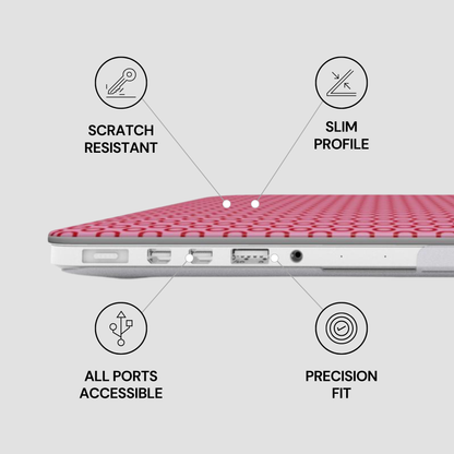 Laptop with features labeled as scratch resistant, slim profile, all ports accessible, and precision fit on a light gray background.
