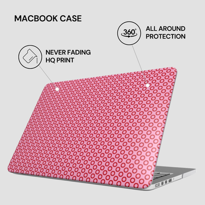 Pink leopard print MacBook case with text highlighting features on a light gray background