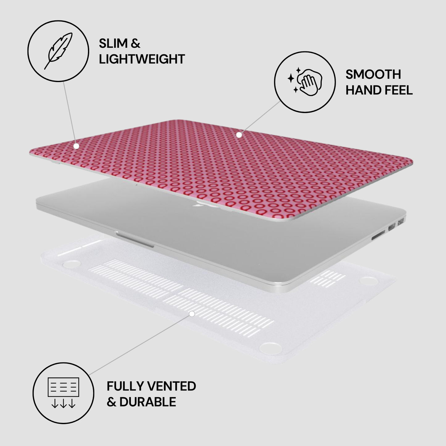 Laptop with pink cooling pad on a white background, featuring text labels about product features.