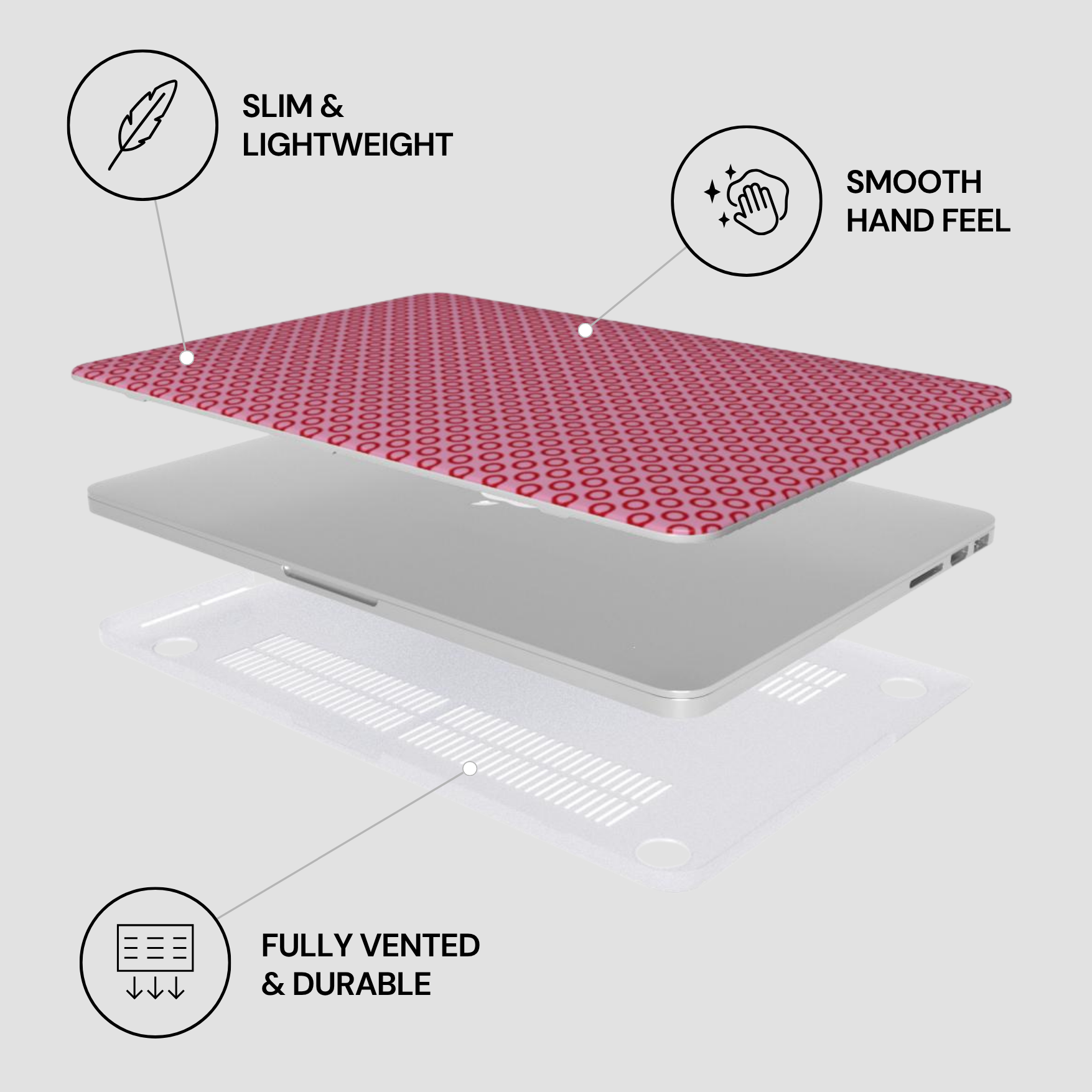 Laptop with pink cooling pad on a white background, featuring text labels about product features.