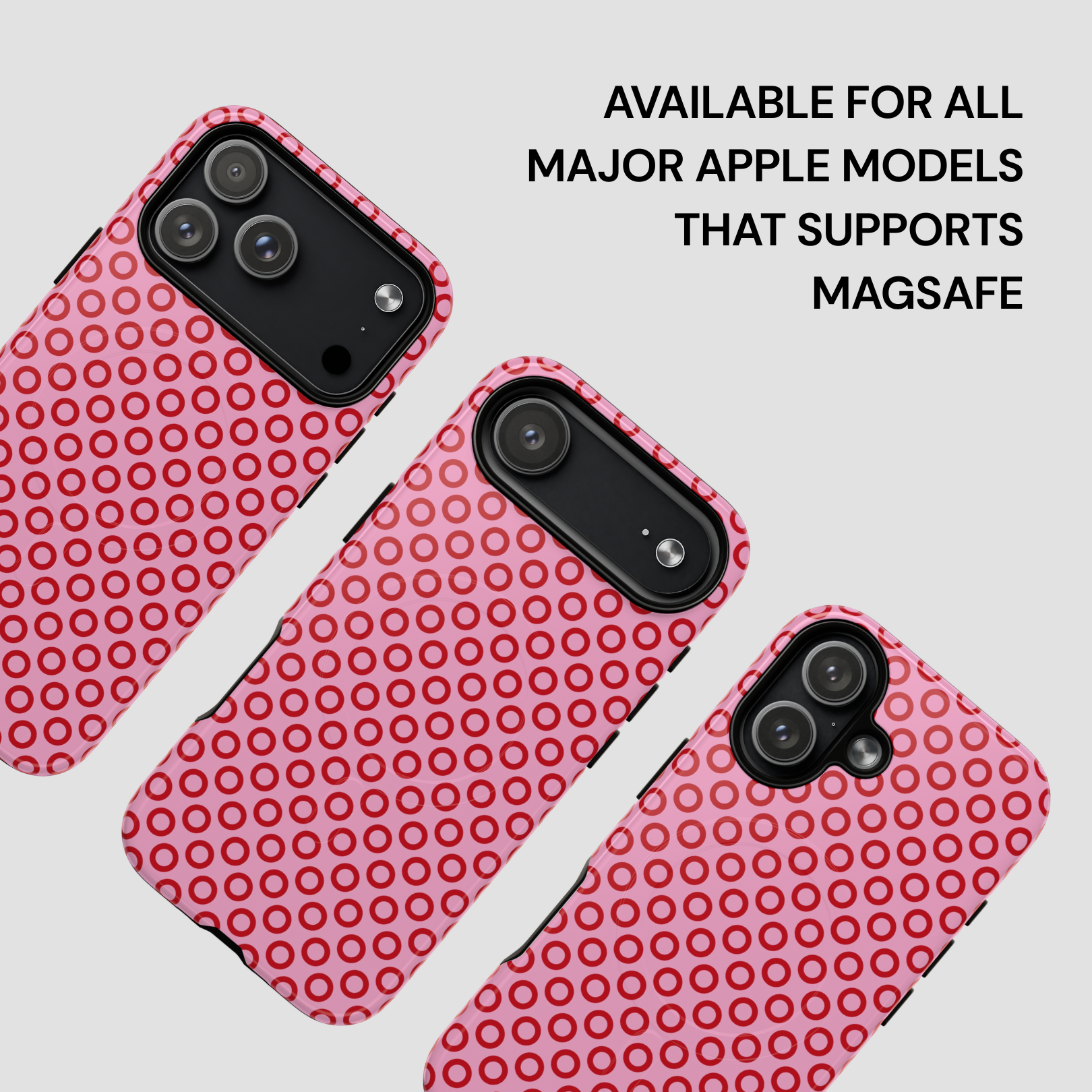 Pink phone case with circular pattern on a light gray background