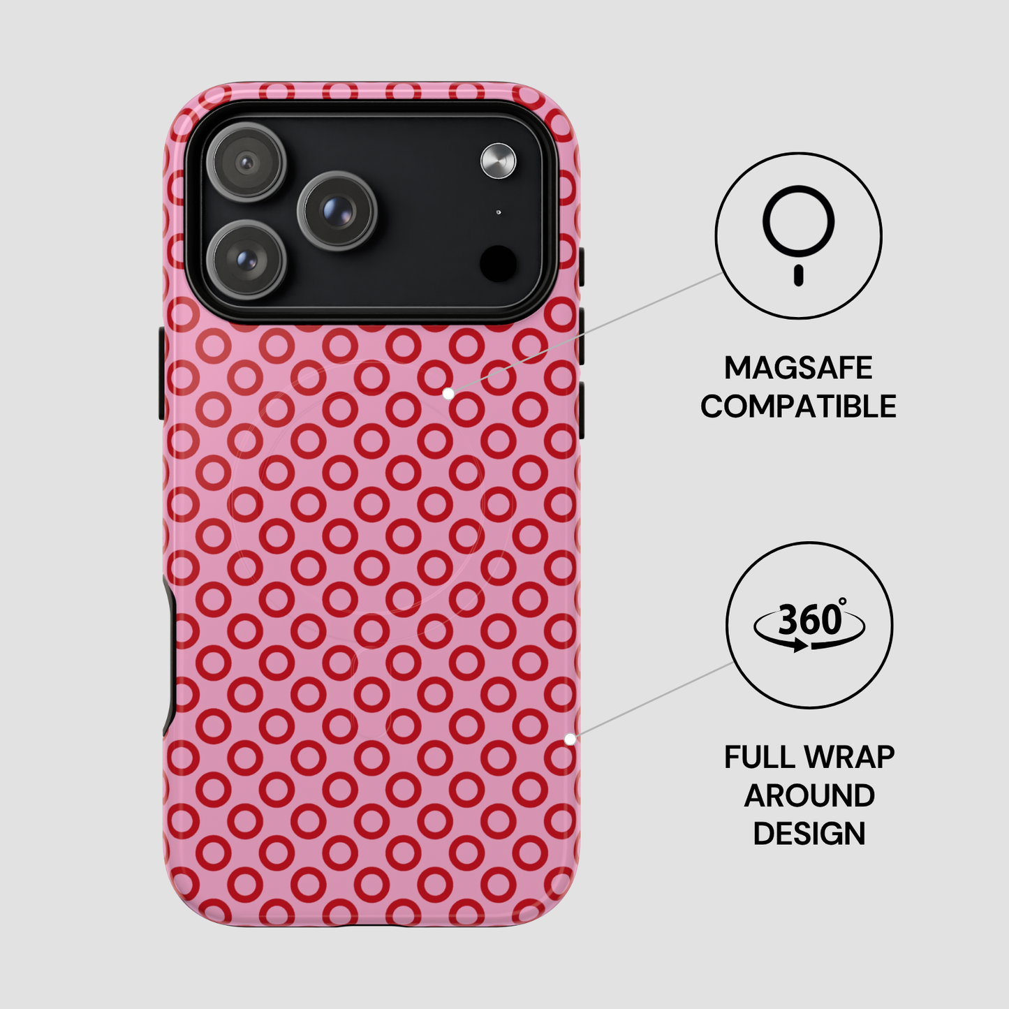 Pink phone case with circular pattern on a white background