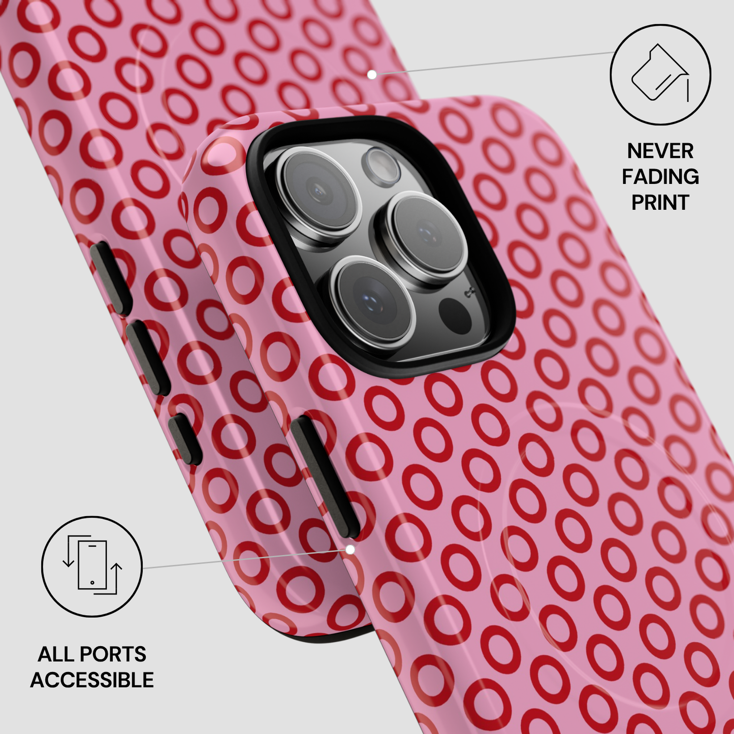 Phone case with red circular pattern on a light gray background