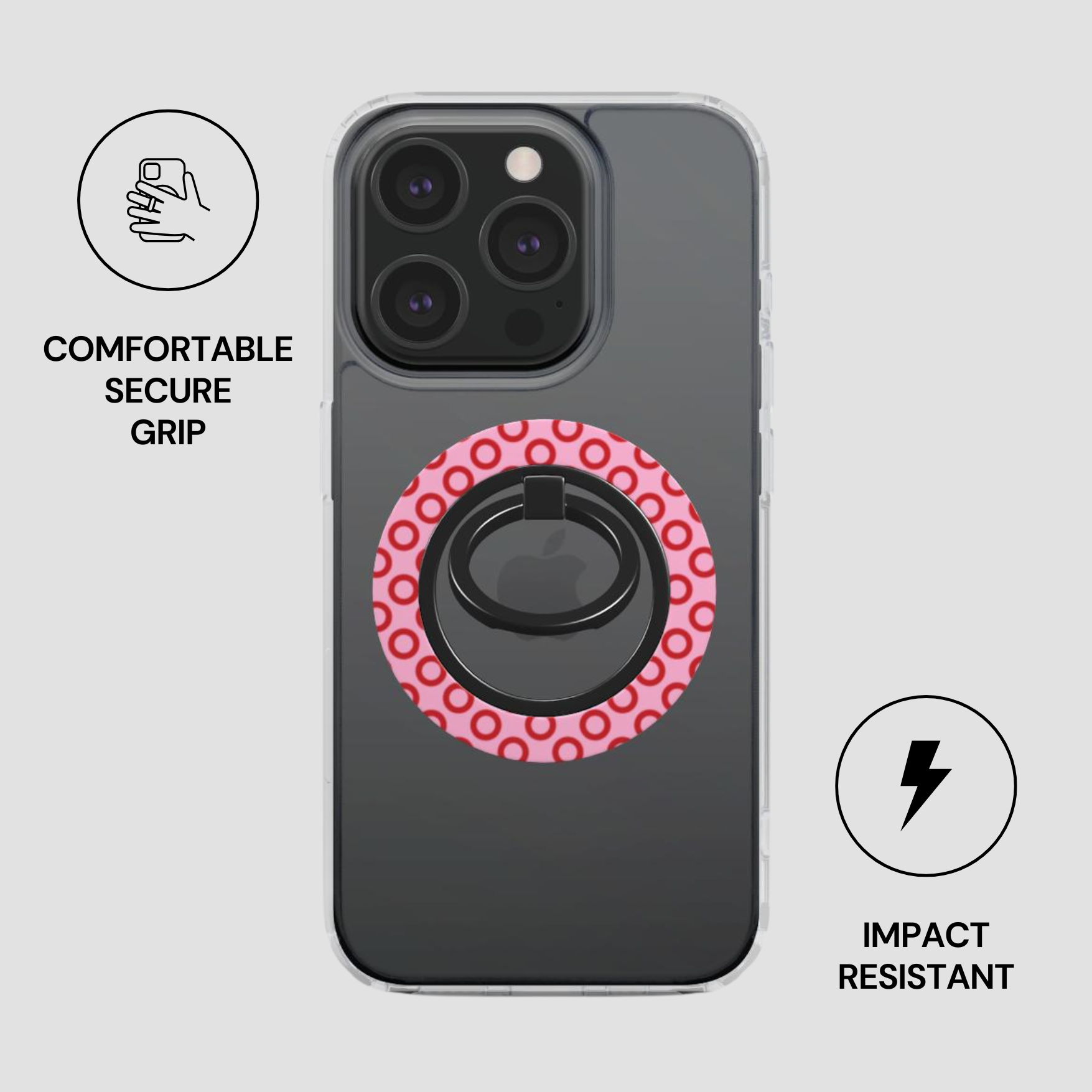Phone case with pink circular design and ring holder on a gray background