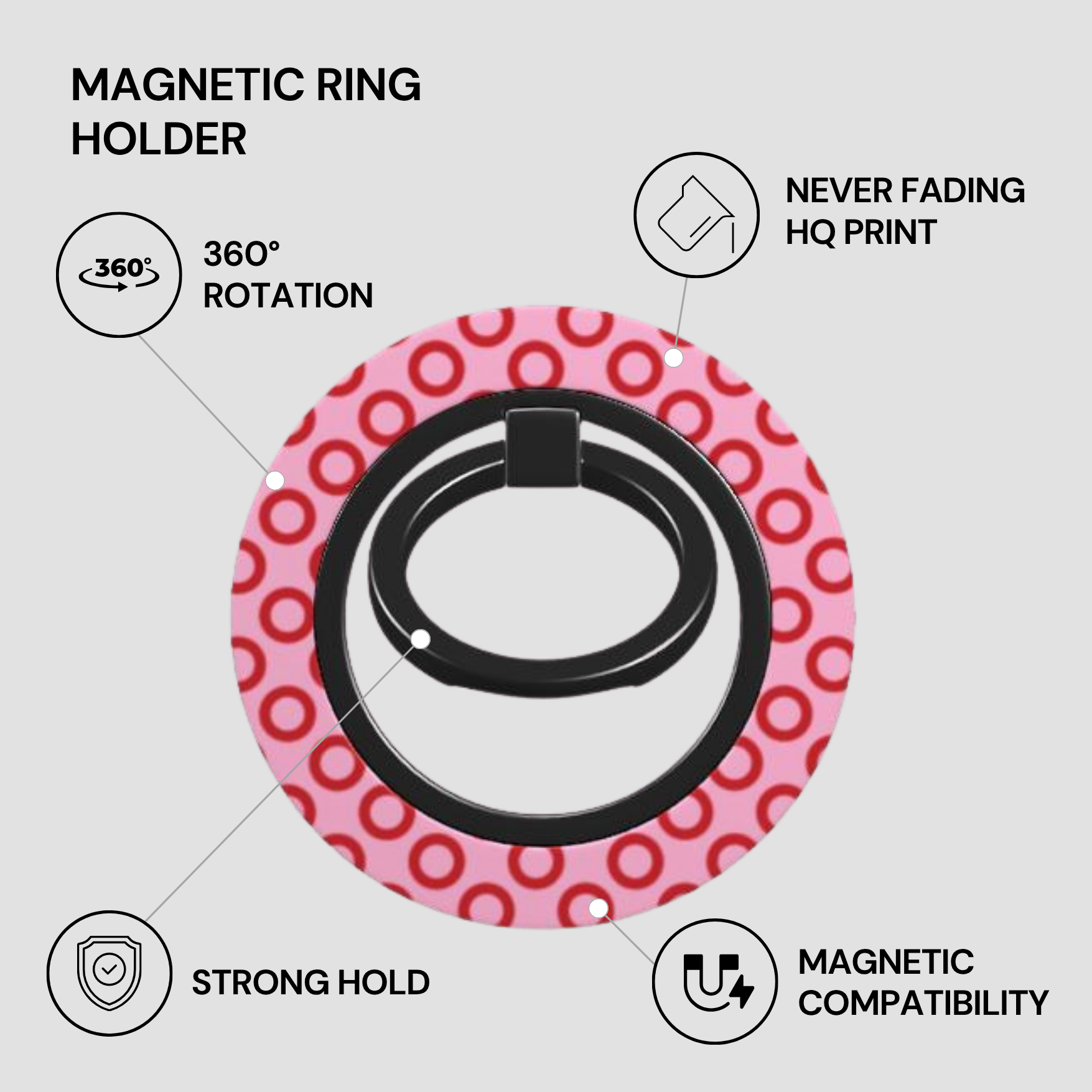 Magnetic ring holder with pink circular design on a white background
