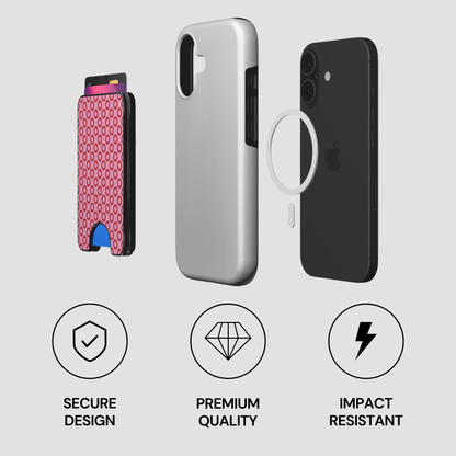 Exploded view of Cherry Loop Magnetic Wallet with phone, case, and magnetic ring components