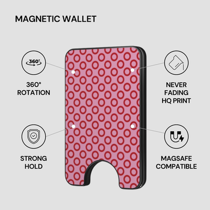 Cherry Loop Magnetic Wallet with feature callouts including strong hold, MagSafe compatible, and HQ print
