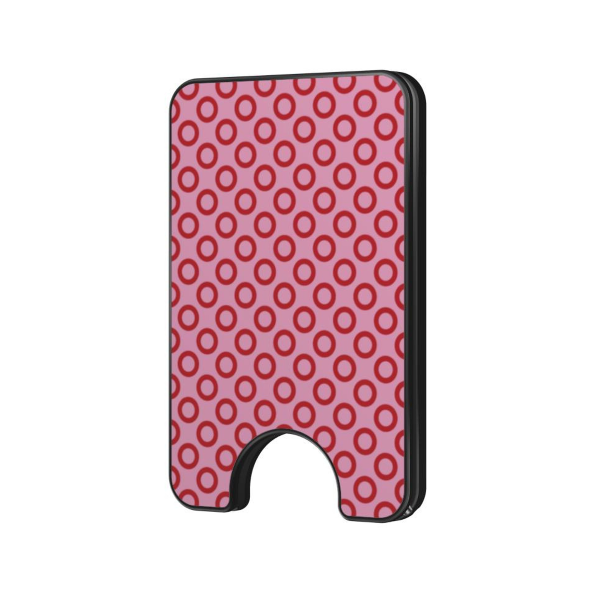 Cherry Loop Magnetic Wallet with red loop pattern on a pink background