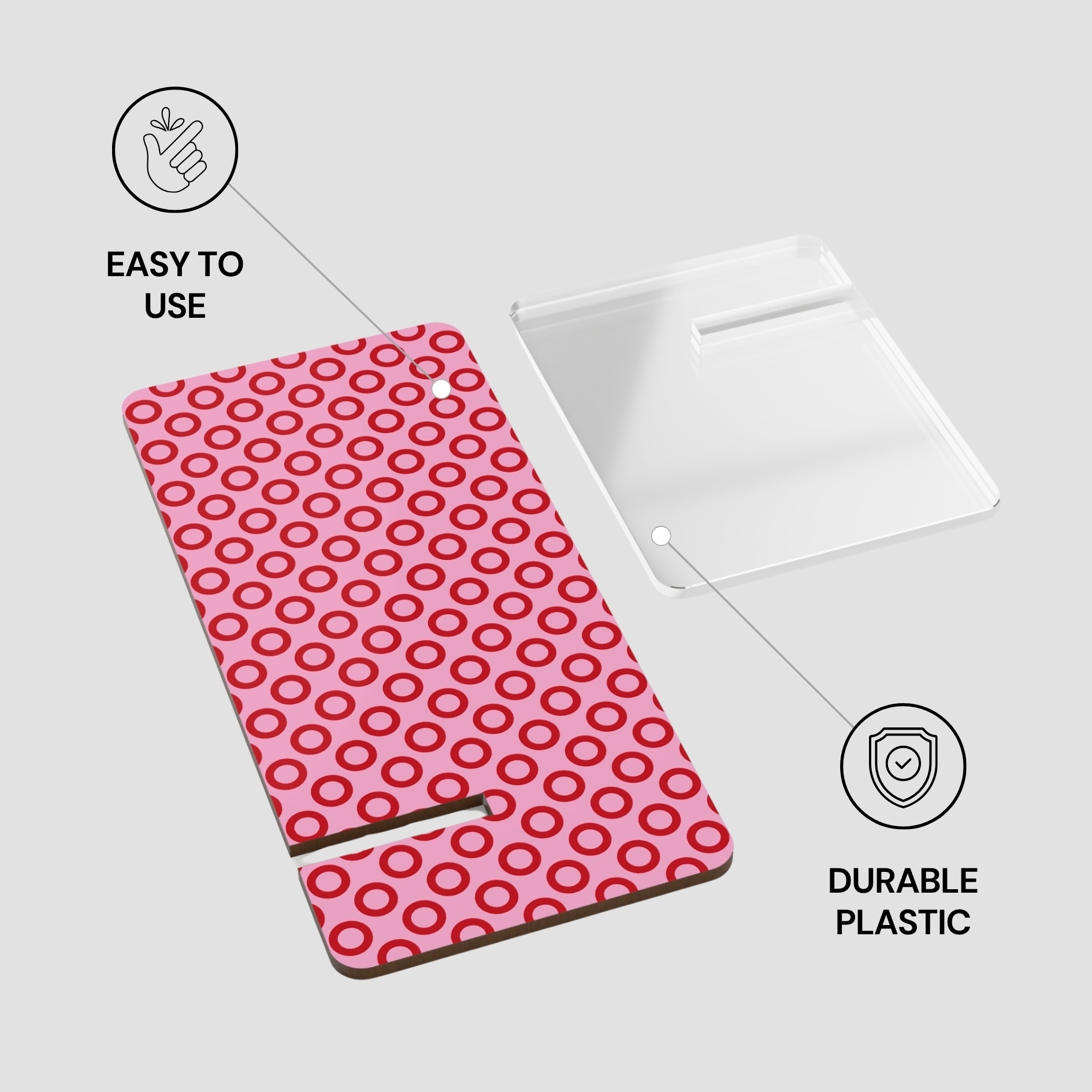 Pink polka dot product with text 'Easy to use' and 'Durable plastic' on a white background