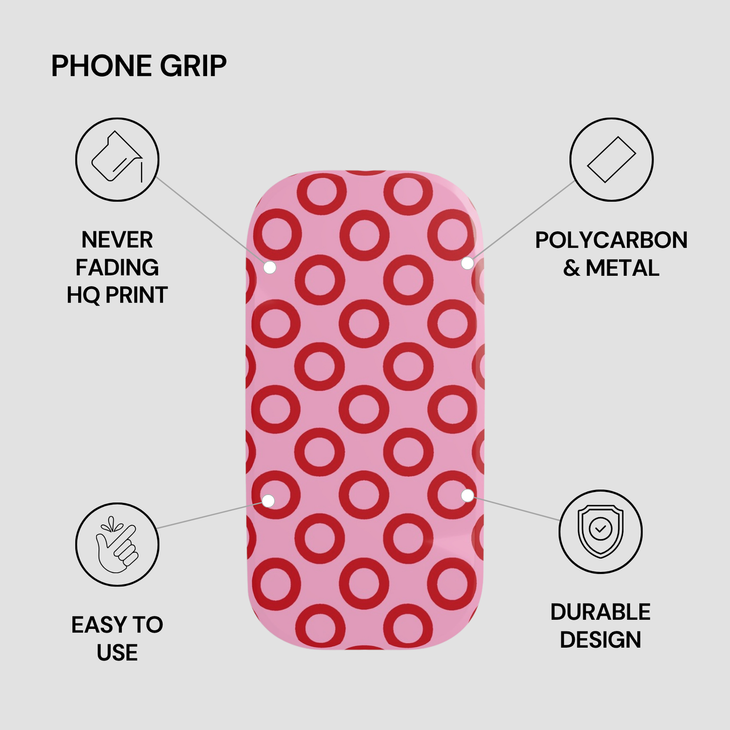 Phone grip with pink and red circular pattern on a gray background