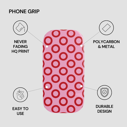 Phone grip with pink and red circular pattern on a gray background
