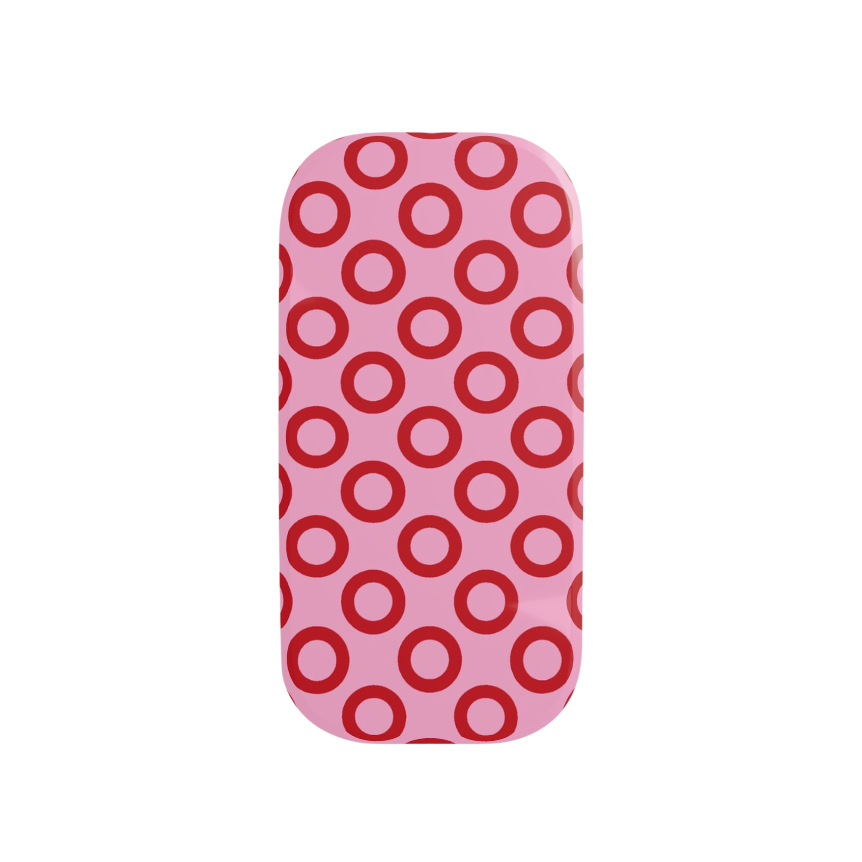 Phone case with red circle pattern on pink background