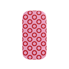 Phone case with red circle pattern on pink background