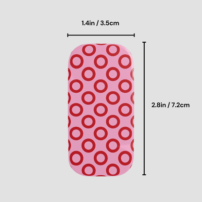 Pink case with red circular pattern and measurements on a gray background