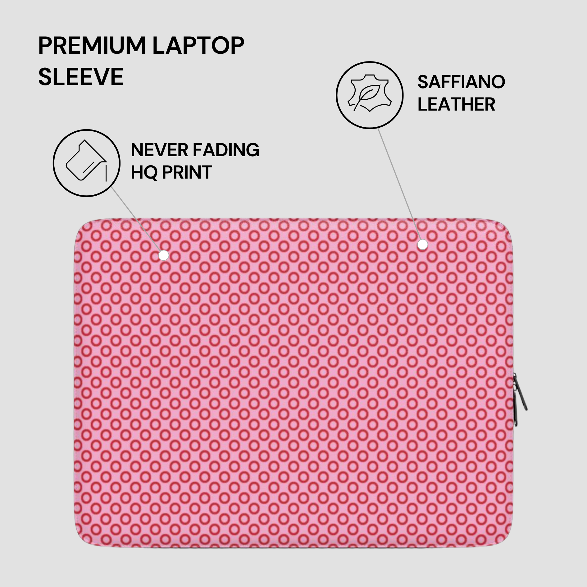 Pink laptop sleeve with text highlighting features on a gray background