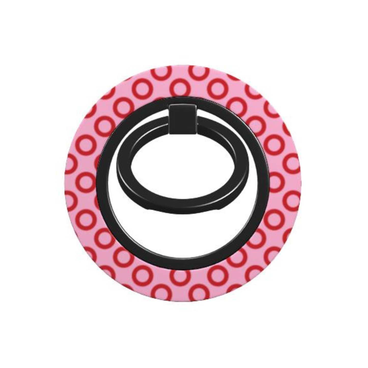 Phone ring holder with pink and red circular pattern on a white background