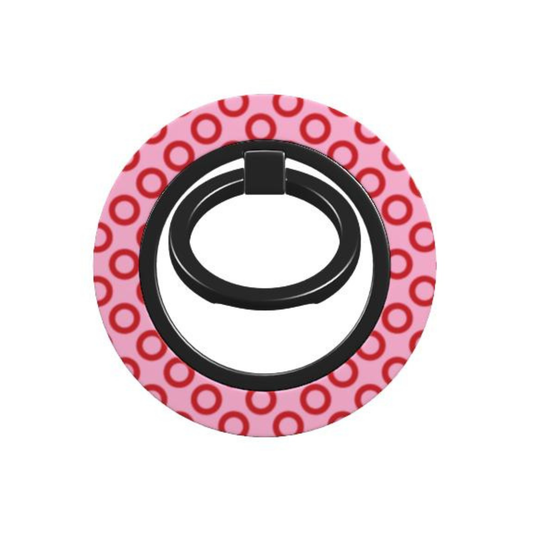 Phone ring holder with pink and red circular pattern on a white background