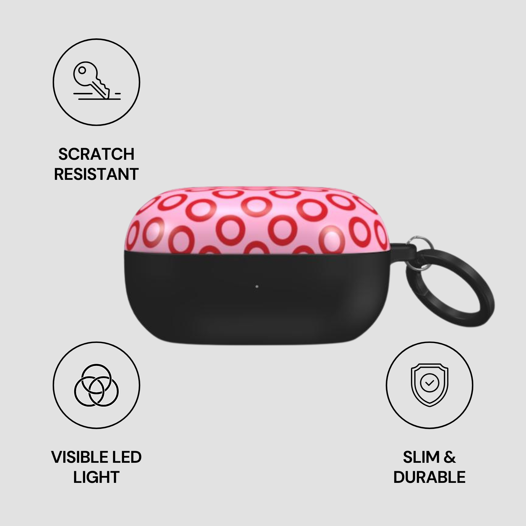 Black and pink patterned case with keychain, features listed on a light gray background