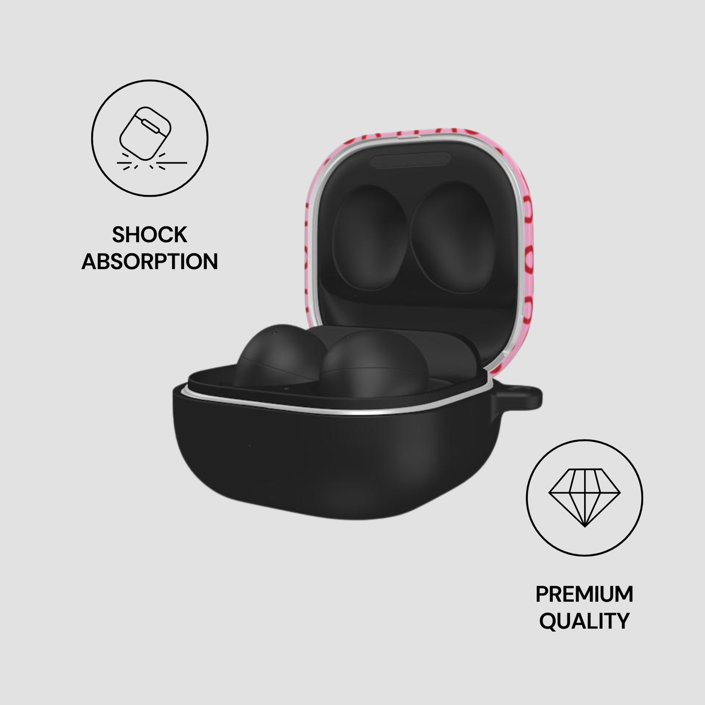 Black earbud case with pink accents on a white background, featuring icons for shock absorption and premium quality.
