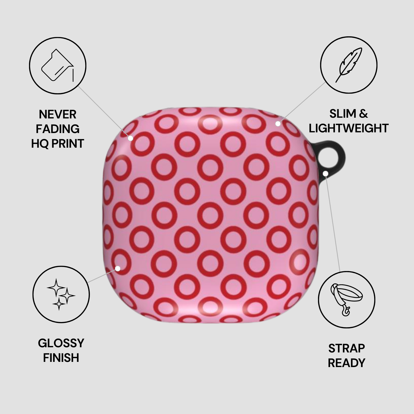 Pink case with red polka dots on a white background with feature icons.