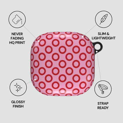 Pink case with red polka dots on a white background with feature icons.