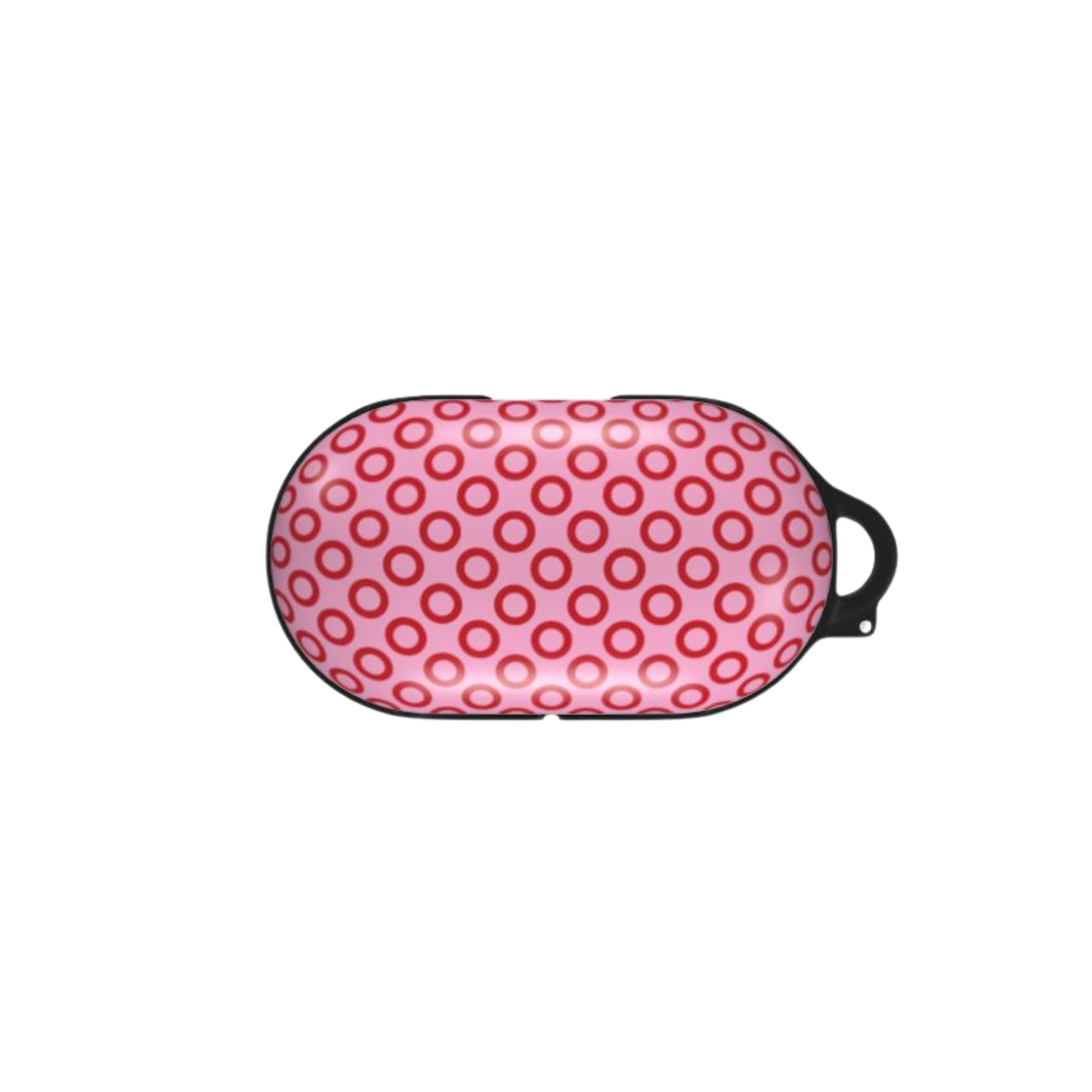 Pink samsung buds casewith red circular pattern on a white background