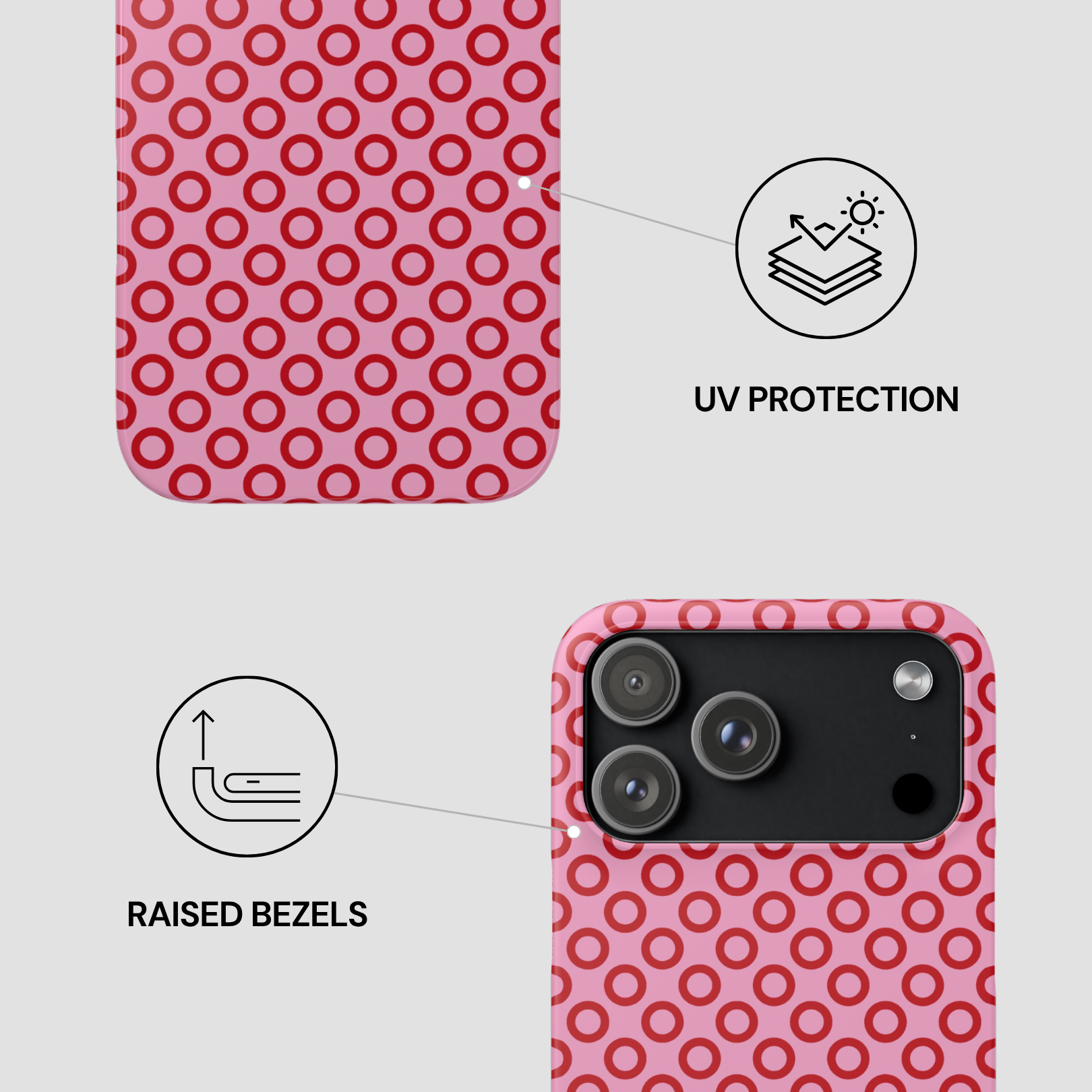 Phone case with red circular pattern, UV protection, and raised bezels features on a white background