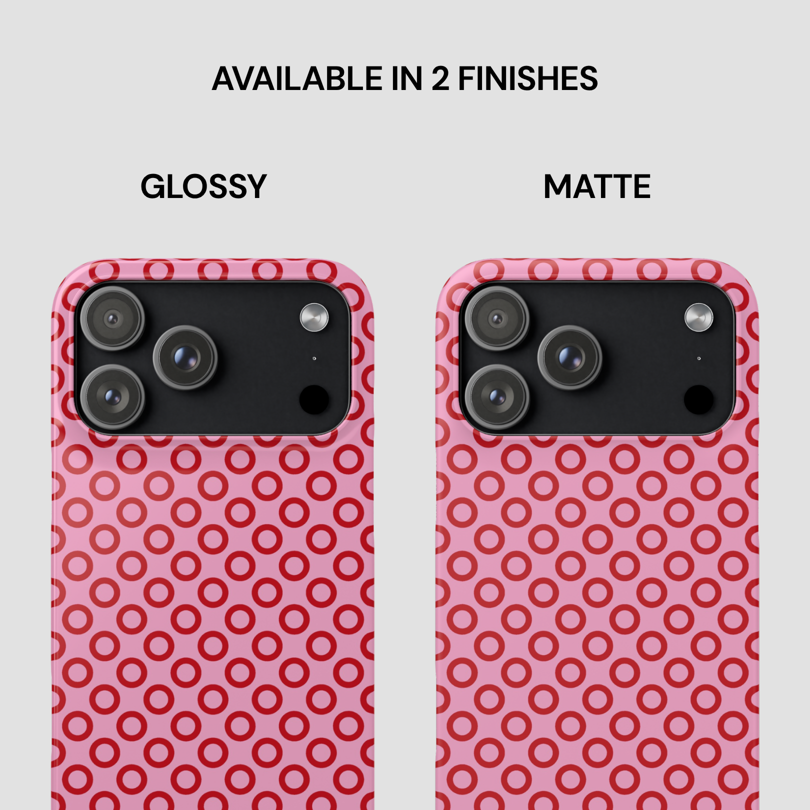 Two phone cases with red circular pattern, one glossy and one matte, on a white background.