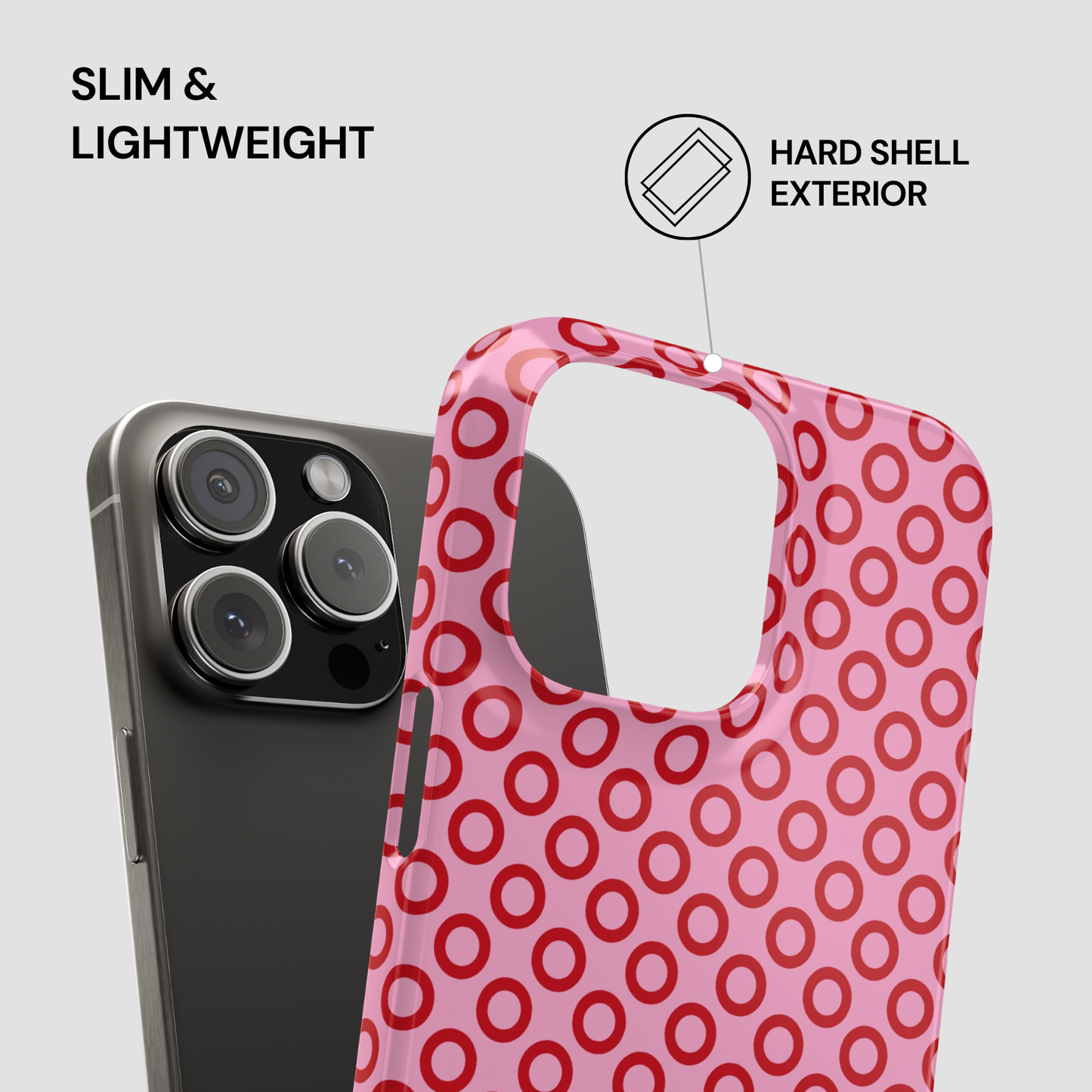 Phone case with red circular pattern on a gray background