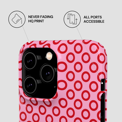 Pink phone case with red circular pattern on a white background