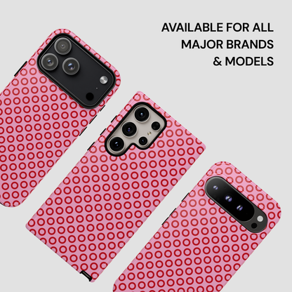 Pink phone case with circular pattern on a white background