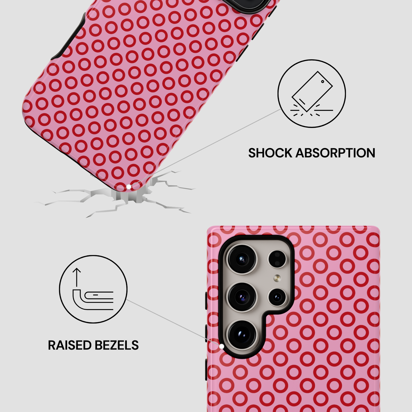 Phone case with red circular pattern and shock absorption feature highlighted
