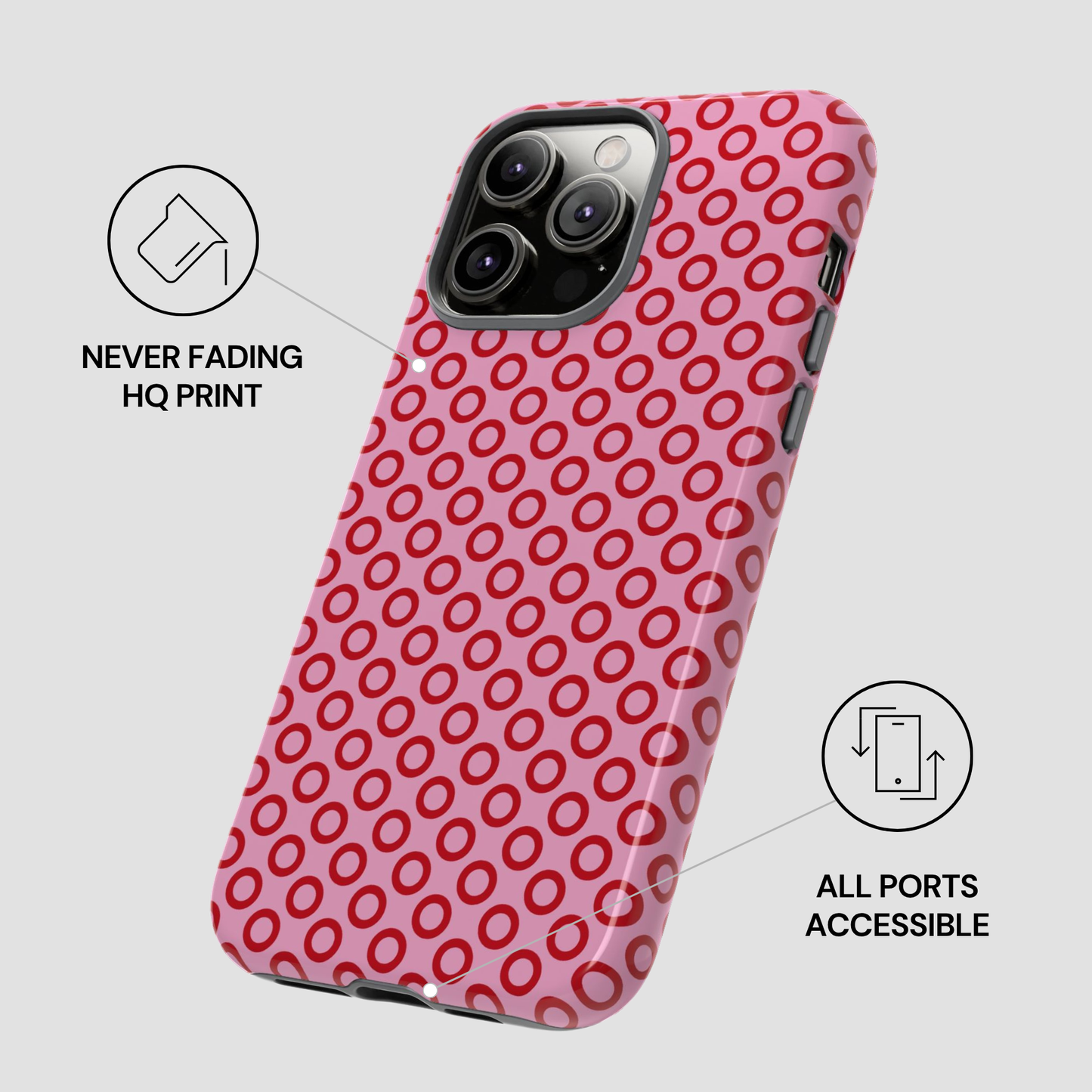 Pink phone case with red circular pattern on a white background