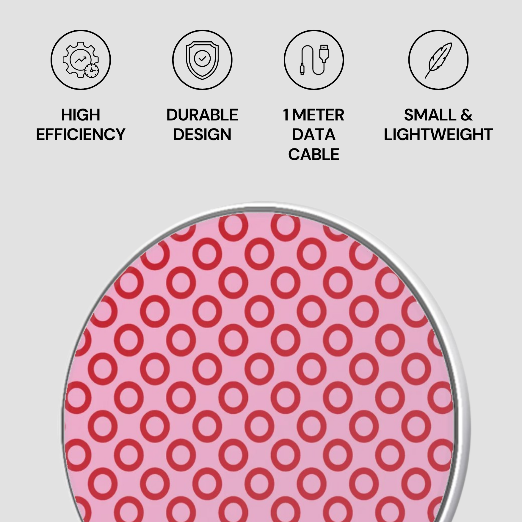 Product with pink circular pattern on a gray background with icons and text about product features.