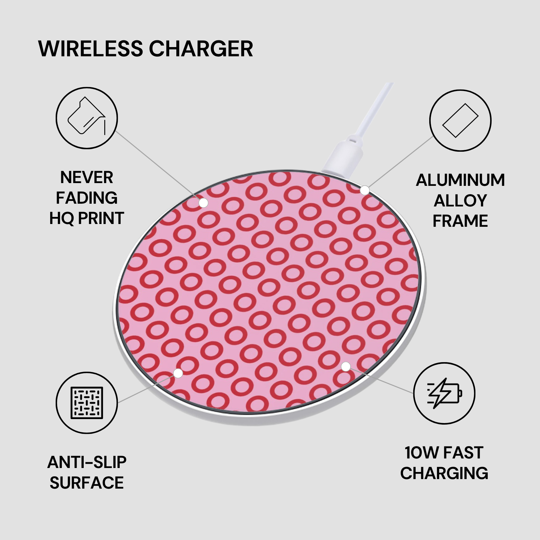 Wireless charger with features listed on a gray background