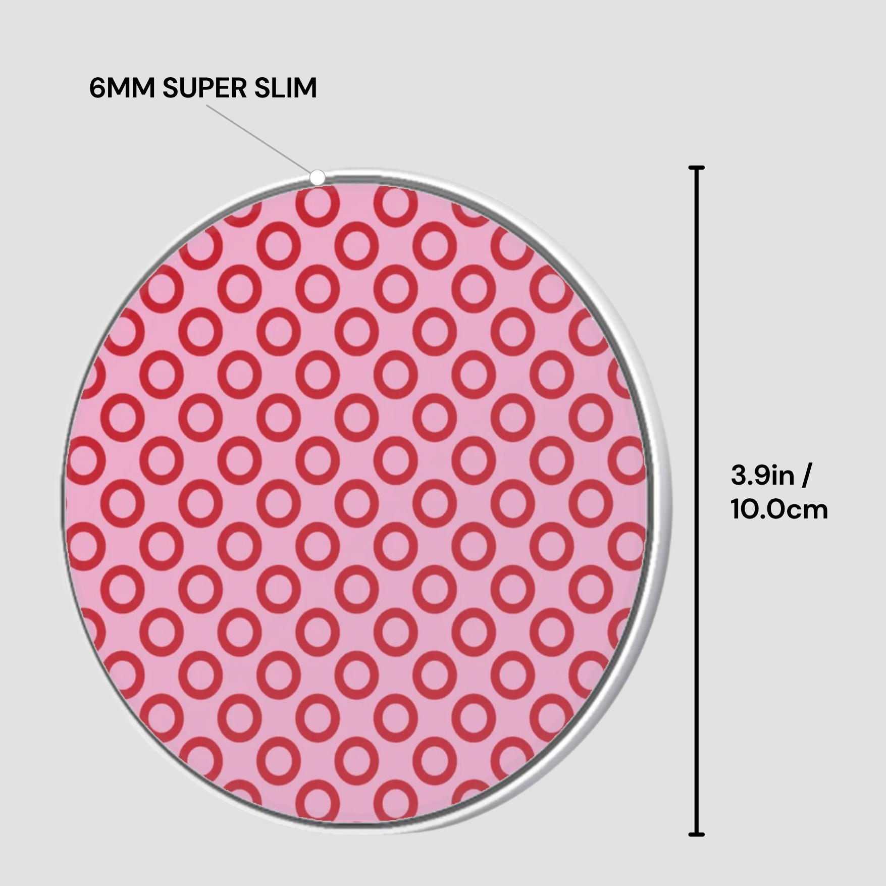 Circular pink and red patterned object with measurements on a white background