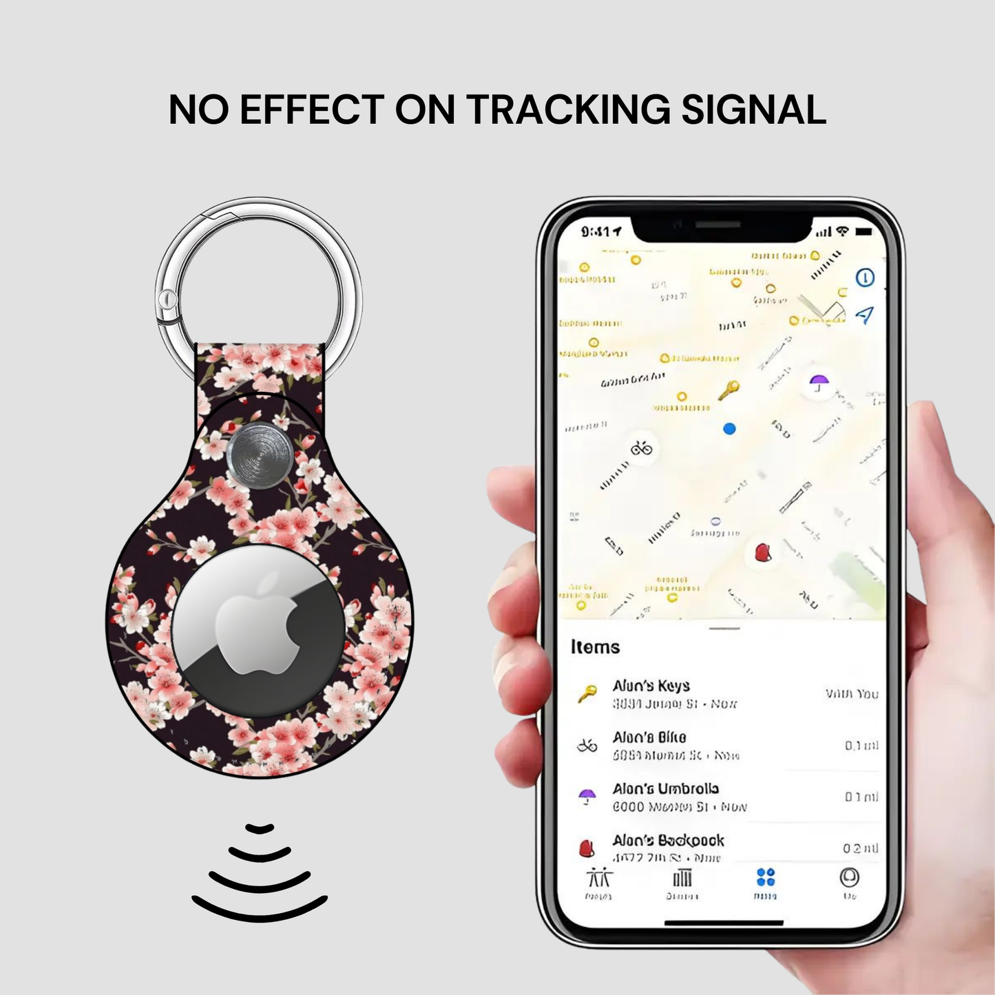 Smart keychain with floral design and phone displaying location app on a light gray background | Casenari